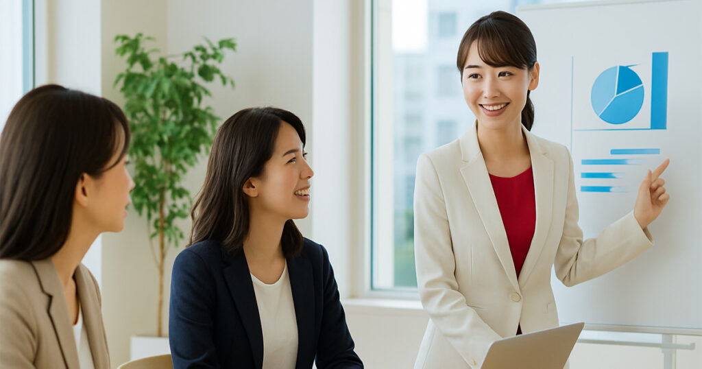 白いスーツに赤いインナーを着た日本人女性が、2人の30代女性と会議室でコンプライアンス資料について話し合っている様子。1人がホワイトボードを使って説明し、他の女性たちはうなずきながら聞いている、明るく信頼感のある職場風景。