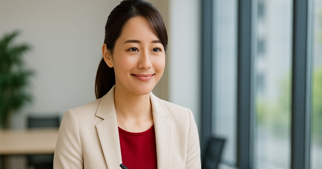 白いスーツに赤いインナーを着た日本人女性が、ノートにペンを走らせながらほほ笑んでいる。明るい会議室での執務風景。
