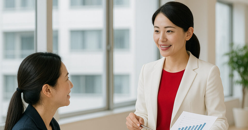 白いスーツと赤い丸首インナーを着た日本人女性が、資料を手に持って説明しており、隣で別の女性がうなずきながら話を聞いているオフィスシーン。