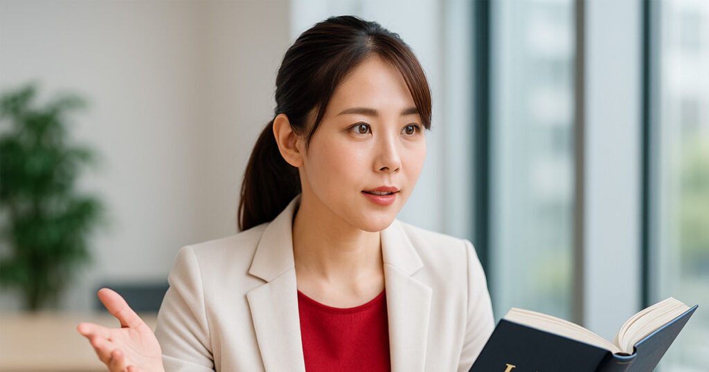 白いスーツに赤いインナーを着た日本人女性が、ホワイトボードの前で説明している様子。法律書を手に持ち、明るい会議室で話している写真。