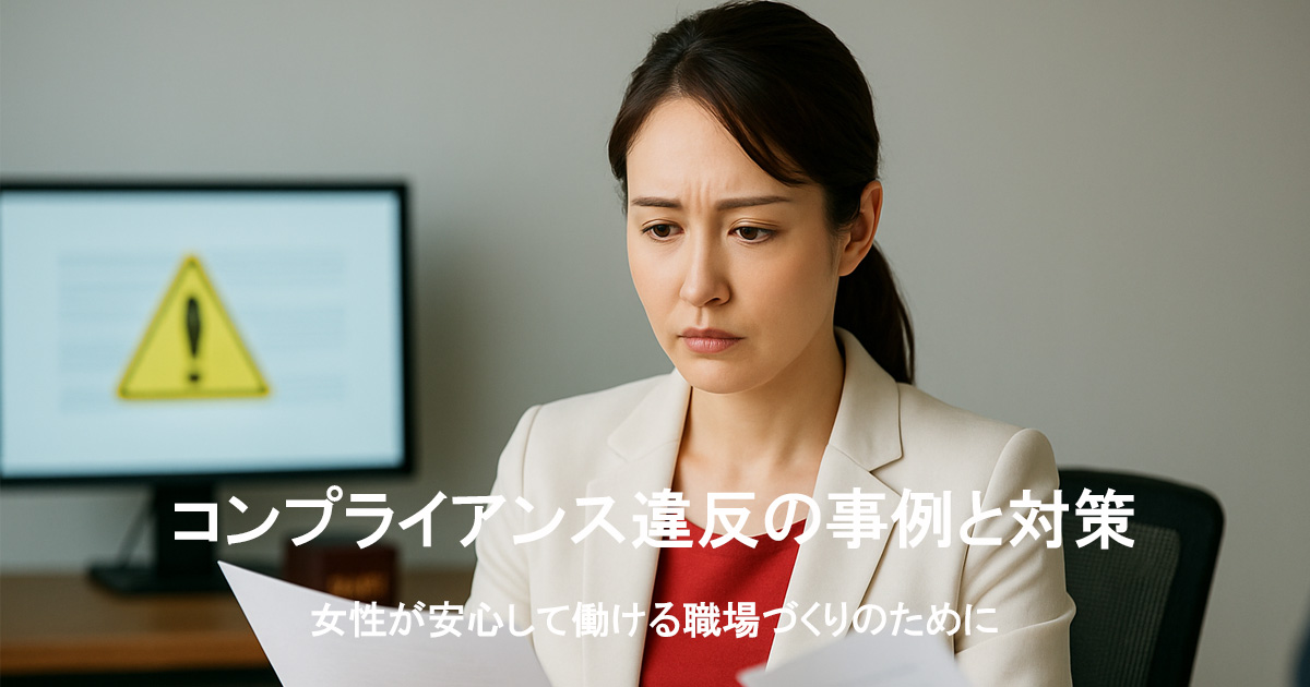 白いスーツに赤いインナーを着た日本人女性が、落ち着いた表情で書類を見つめている。背景には警告マークのあるモニターが映るオフィスシーン。