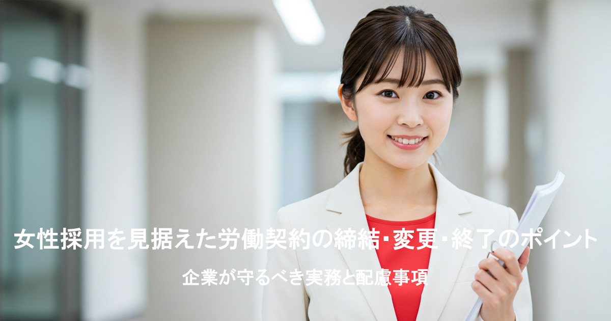 労働契約の締結・変更・終了に関する書類を手に持った、白いスーツ・赤いインナーを着たバックオフィスの女性社員