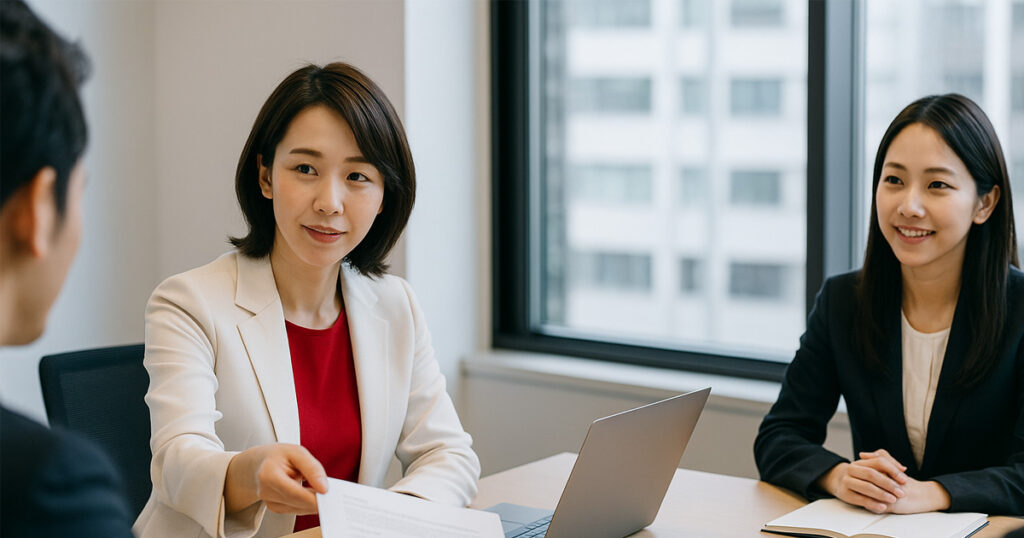 白いスーツに赤いインナーを着た日本人女性が、社外の関係者と会議室で打ち合わせをしている様子。契約書類を手渡しながら説明しており、落ち着いた雰囲気の中で対等に意見交換が行われている場面。