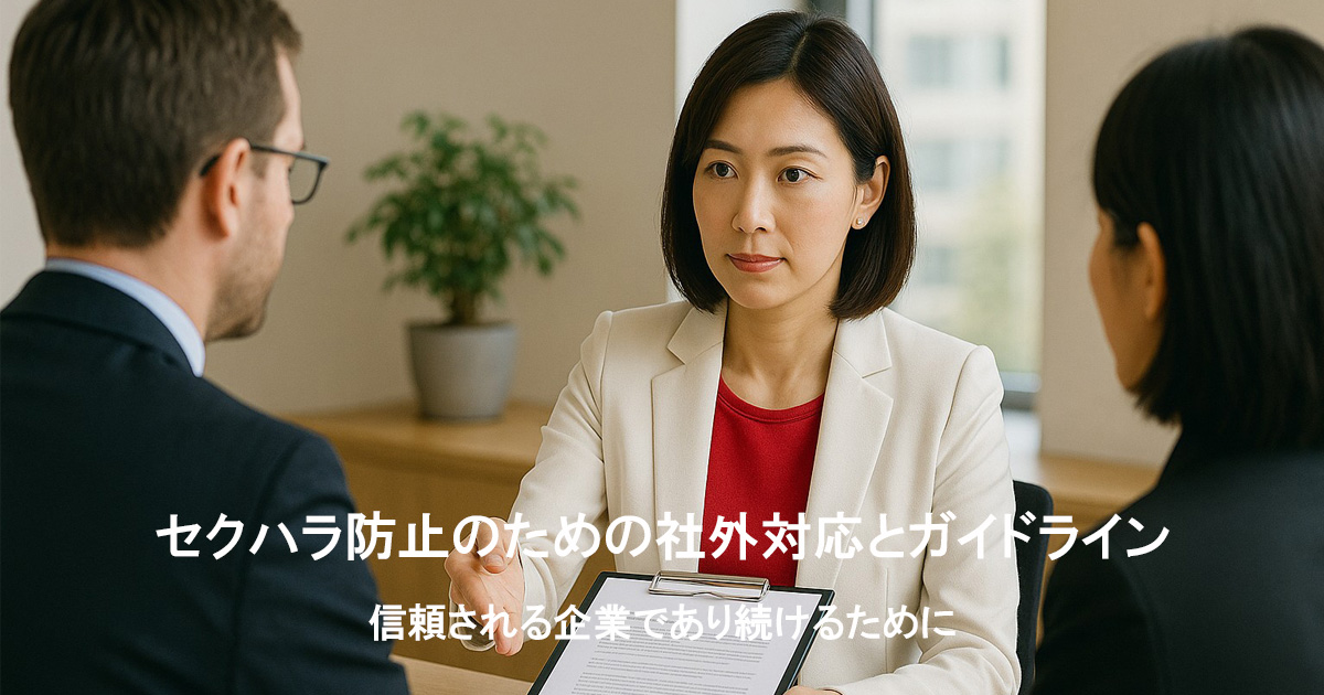 白いスーツに赤いインナーを着た日本人女性上司が、社外関係者に対しガイドライン文書を提示している様子。信頼感のあるオフィス空間で、セクハラ防止に関する丁寧な説明を行っている場面。