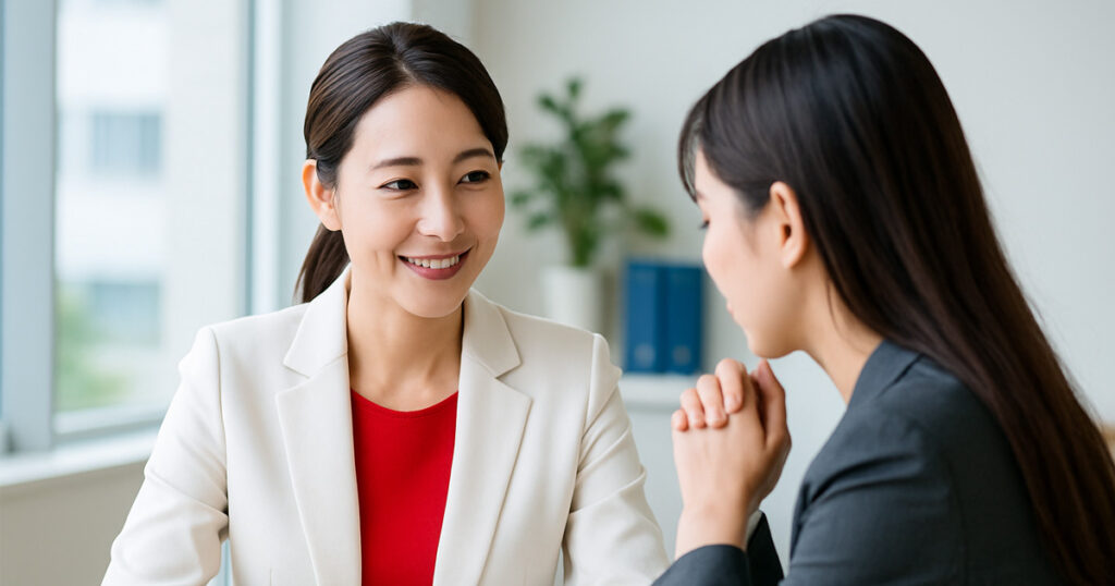 女性社員が女性上司でもあるチームのリーダーへセクシャルハラスメントの相談をしている画像