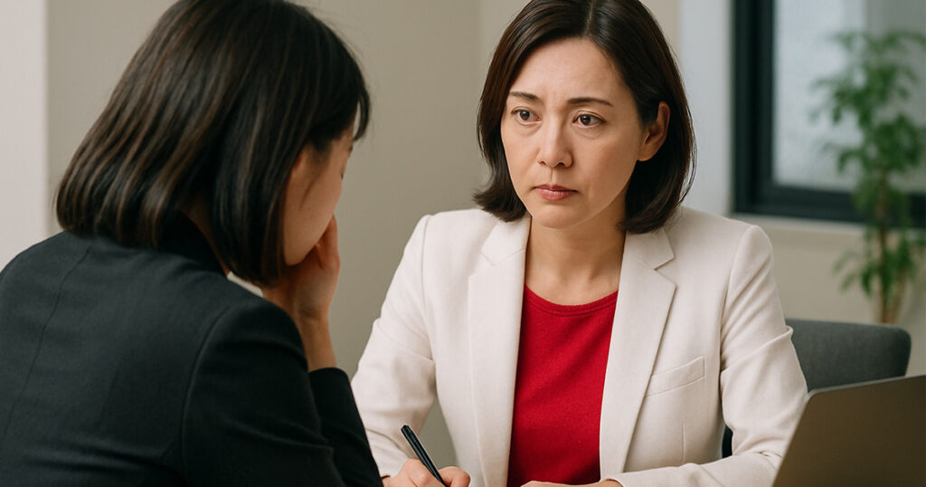 セクシャルハラスメントの被害を受けて泣きながら相談する女性社員と話しを聞きながら怒りがこみあげてきている女性上司の画像