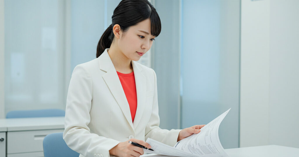 白いスーツと赤いインナーを着た日本人女性が、オフィスで「労働基準監督署からの是正勧告書」や「労務管理マニュアル」などの書類を確認している様子。