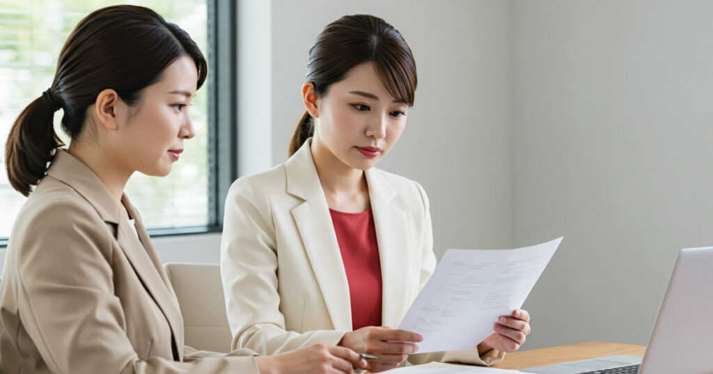 白いスーツと赤いインナーを着た日本人女性が、同僚の女性と一緒にオフィスで資料を確認している写真。労働法規の遵守や職場環境の整備を象徴する協力的なビジネスシーン。