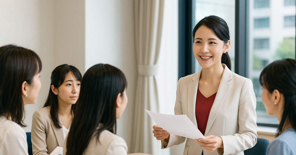 白いスーツと赤いインナーを着た日本人女性が、明るい会議室で労働条件に関するプレゼンを行い、周囲の女性社員たちが資料を見ながら真剣に話を聞いている様子