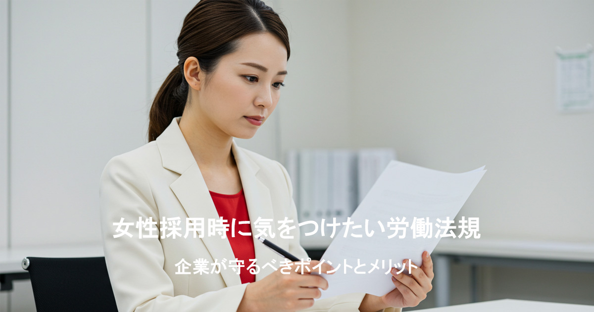 白いスーツと赤いインナーを着た日本人女性が、オフィスで書類を真剣に確認しながらメモを取る様子を捉えた写真。女性採用時の労働法規遵守を象徴するプロフェッショナルなシーン。
