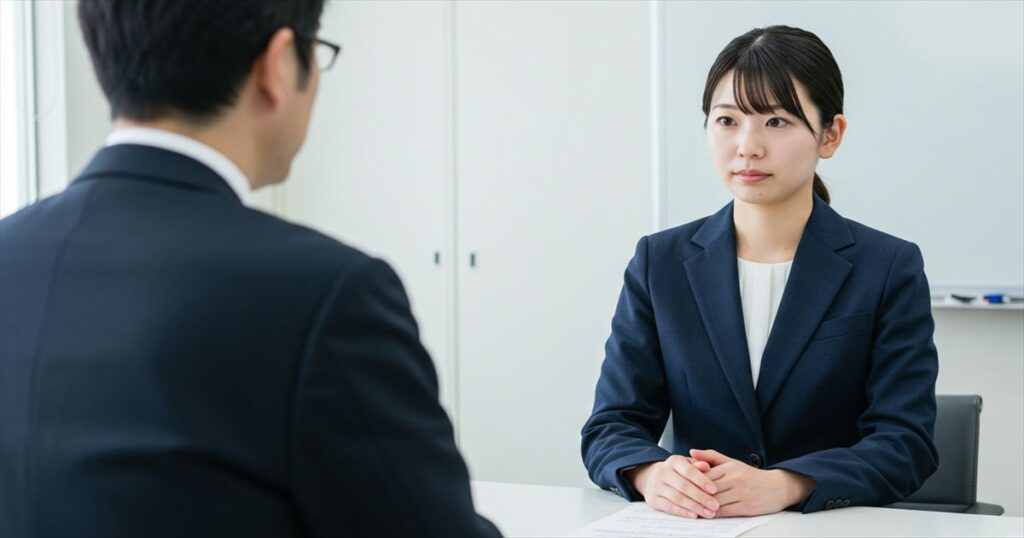 面接の時に時代にそぐわないセクシャルハラスメントな質問をされて心の中で不快感を持っている女性の画像