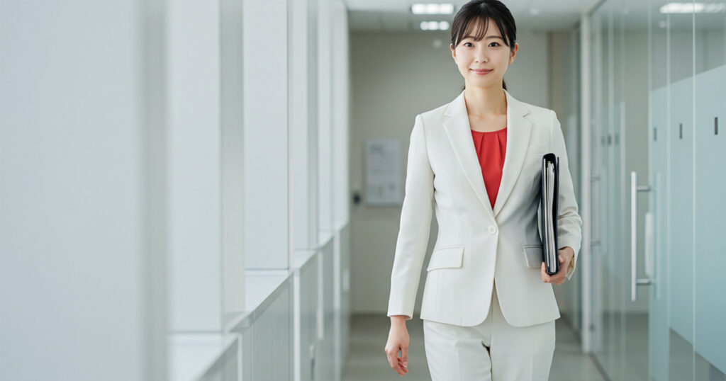 白いスーツと赤いインナーを着た日本人女性が、オフィス内でファイルを手に持ち、穏やかに前を見つめている写真。サステナビリティとコンプライアンス推進を象徴するプロフェッショナルな姿。