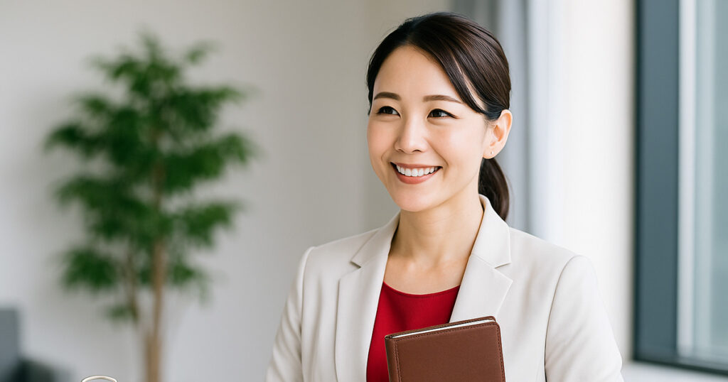 女性を雇用する企業が賃金ルールと最低賃金法を遵守する重要性を伝える白スーツに赤インナーの
女性