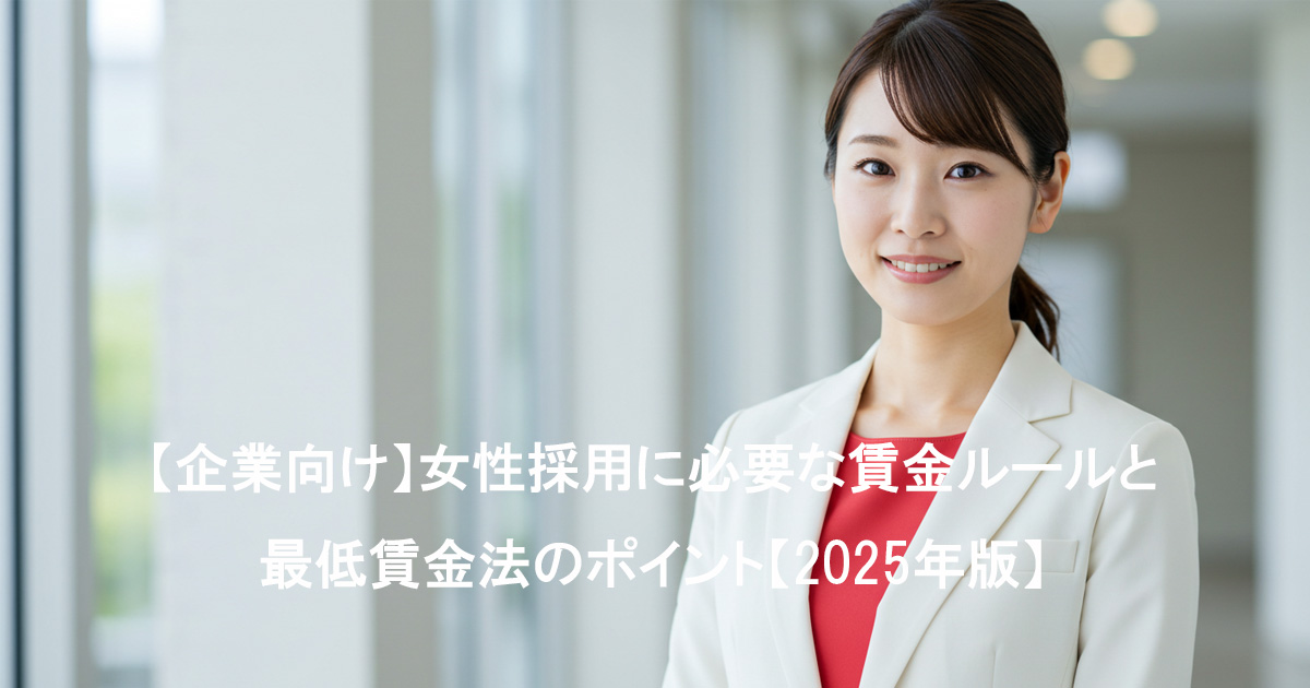 女性採用に必要な賃金ルールと最低賃金法の知識を伝えるため、白いスーツに赤いインナーを着た日本人女性が自信を持って微笑んでいる姿