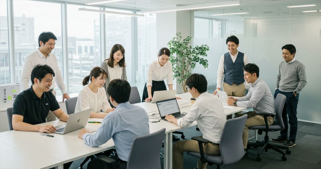 業務の属人化を避け複数名で対応している様子、従業員で助け合っている