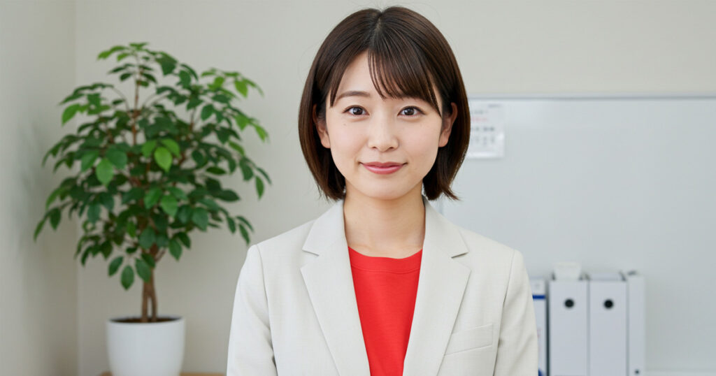 白いジャケットを着た女性リーダーが真っ直ぐに前を見つめている。第五水準リーダーの資質「謙虚さと強い意志」を表現するイメージ。