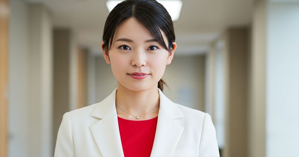 謙虚さと強い意志を持った、白いスーツ、赤いインナーを着た日本人の第五水準の女性リーダーを表現している画像。