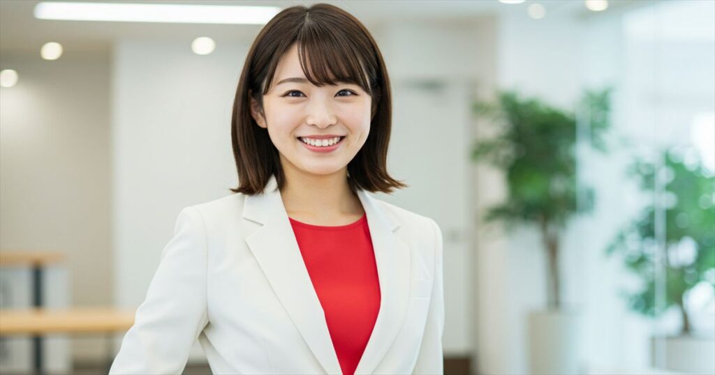明るいオフィスで笑顔を見せる白いスーツと赤いインナーの日本人女性。職場で活躍する女性の象徴的なイメージ。