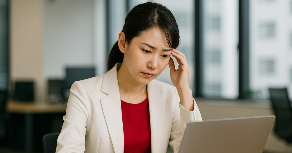 ノートパソコンの前で考え込む表情の女性。白いスーツと赤いインナーを着ており、働く中での悩みや課題をイメージ。