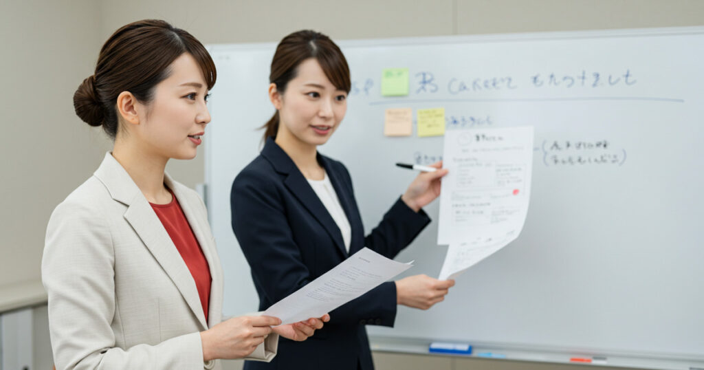 ホワイトボード前で資料を持ちながら話す女性と、それを説明する同僚。職場のキャリア支援や制度導入の場面を表現した画像