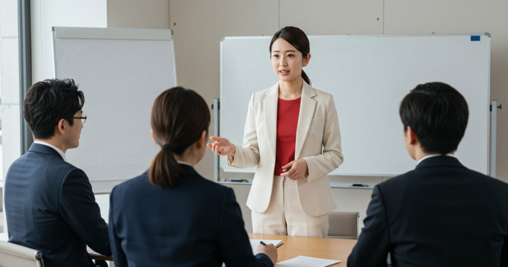 多様なメンバーと会議を行う中、リーダーとして発言する白スーツ・赤インナーの女性。ダイバーシティ推進の象徴的場面。