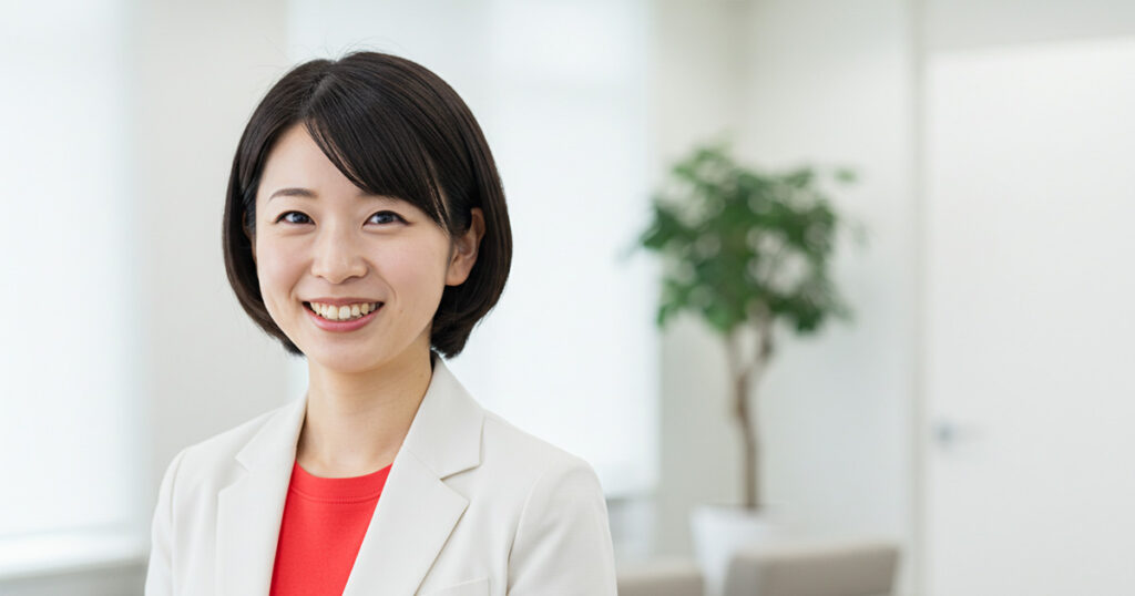白いスーツを着た女性リーダーが笑顔で立っている（オフィス背景）