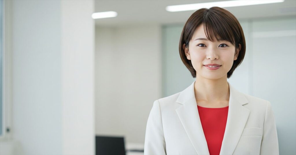 白いスーツに赤いインナーを着た女性がオフィスでほほ笑む写真。女性リーダーの象徴として、清潔感と信頼感を表現している。