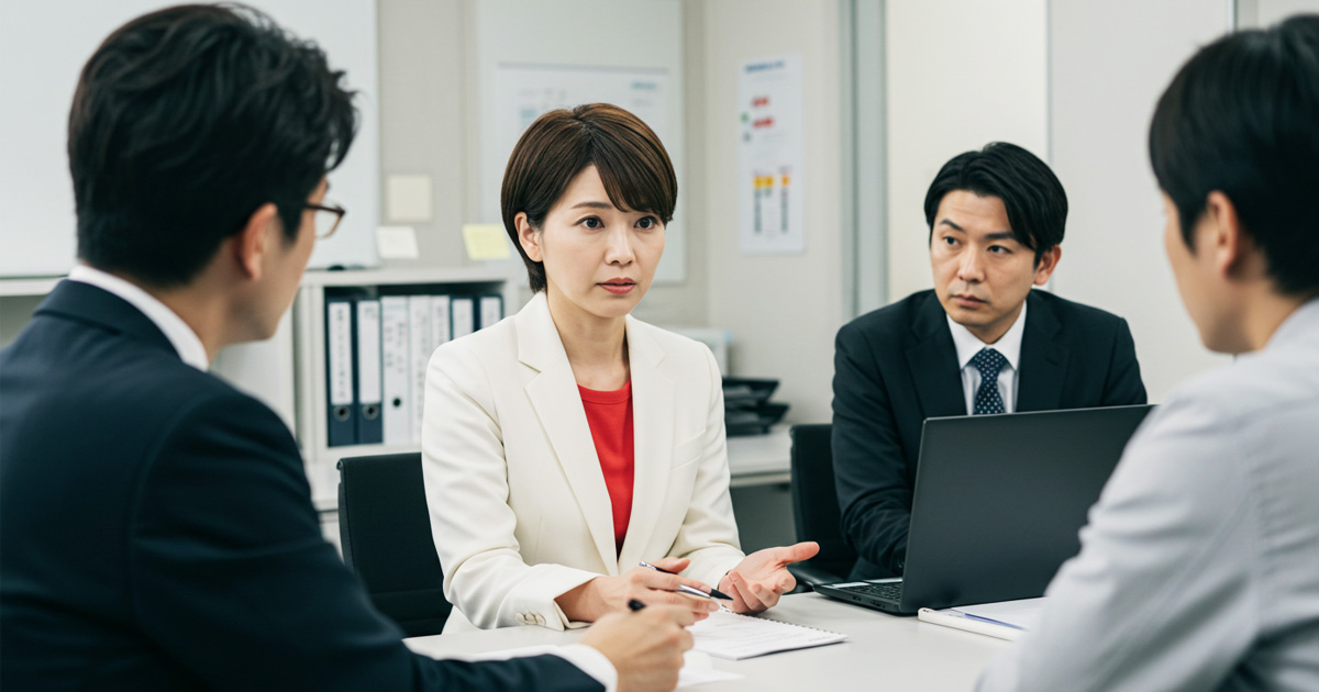 女性リーダーがホワイトボードの前で課題を共有している会議の様子(EOSのIDSステップを実践中)
