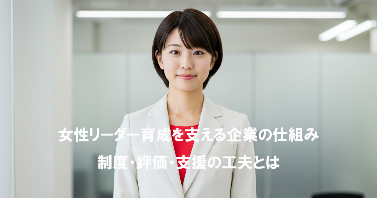 白いスーツに赤い丸首のインナーを着た日本人女性が、穏やかな表情で正面を見つめて立っている。背景は洗練されたオフィスで、明るい企業環境をイメージさせる構図。女性リーダー育成における企業制度の安定感と信頼性を象徴する。
