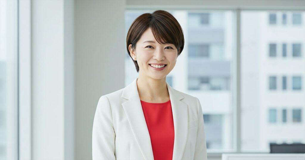白いスーツと赤いインナーを着た日本人女性がオフィスで笑顔を見せている様子。背景には窓越しにビルが見える。
