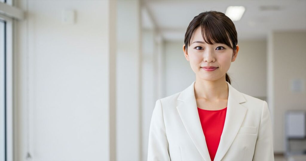 白いスーツ、赤いインナーの女性リーダーが活躍し、自身を持ってこちらを見ている様子。