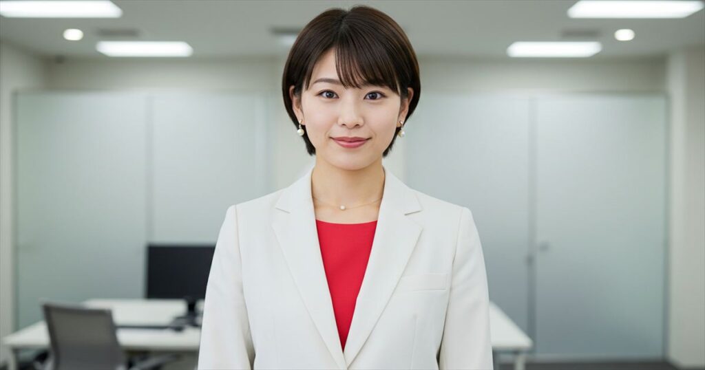 白いスーツ、赤いインナーを着用した女性の第五水準のリーダーが組織の未来を変える存在となっている画像。