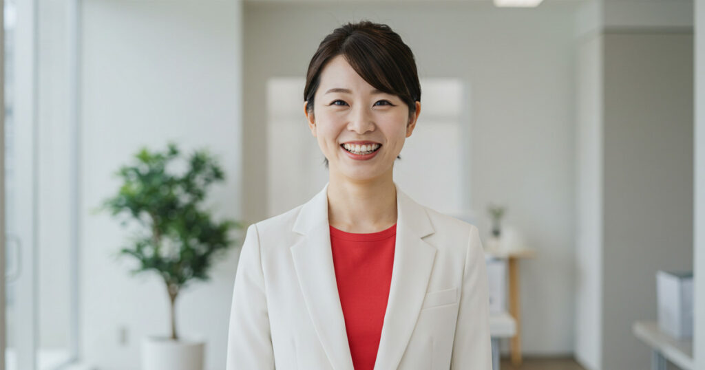 白いスーツを着た若い女性リーダーが笑顔で立つビジネスオフィスの風景。責任を持ち、任せられる存在を象徴する。