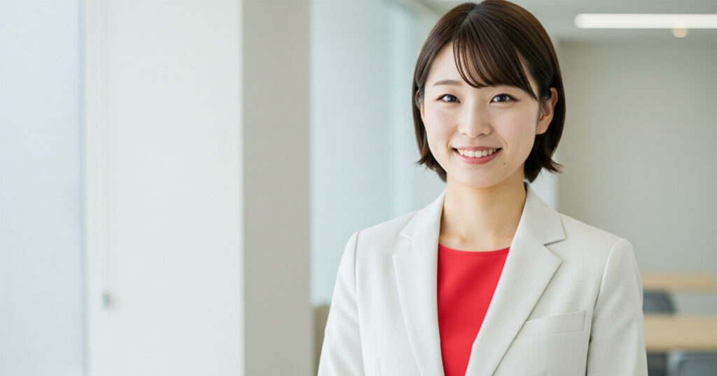 白いスーツと赤いインナーを着た女性がオフィスで笑顔を見せる。構造に基づいた役割を担う女性リーダーのイメージ。