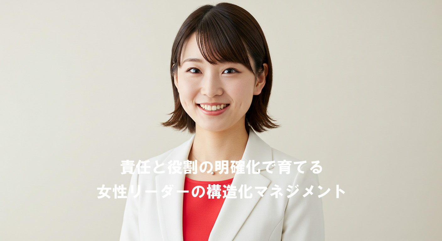白いスーツと赤いインナーを着た女性が微笑む。責任と役割の明確化で育てる女性リーダーの構造化マネジメントという文字入り。