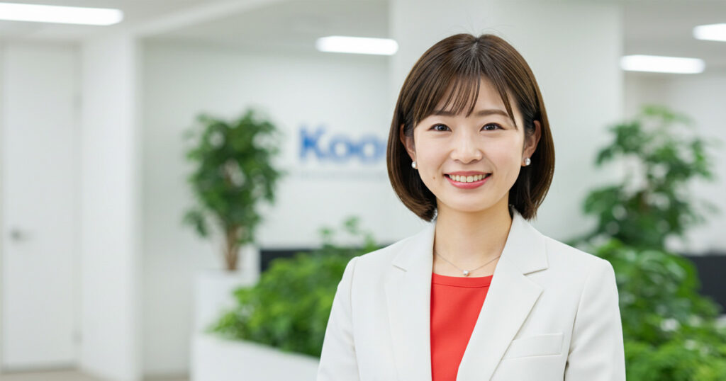 白いスーツと赤のインナーを着た女性ファシリテーターが笑顔で立つ、オフィスの緑に囲まれた明るい背景
