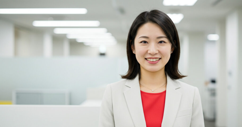 オフィスで微笑む白スーツ+赤インナーの女性リーダーの写真(信頼感と清潔感のある雰囲気)