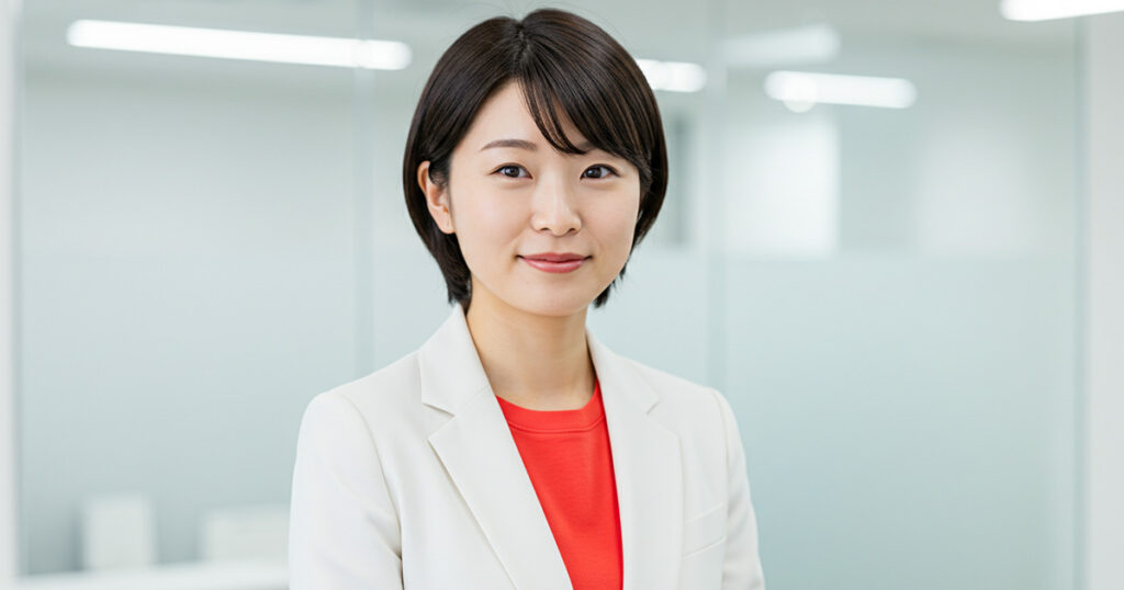白いスーツと赤いインナーを着た女性リーダーが、静かなオフィスで前を向いて立っている
