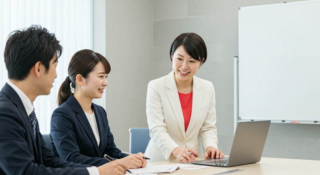 白いスーツを着用した女性リーダーがチームミーティングをしている様子
