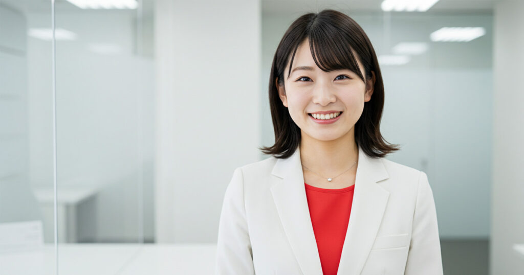白いスーツと赤いインナーを着た女性が、オフィスで笑顔を見せている。女性リーダー像を象徴するイメージ。