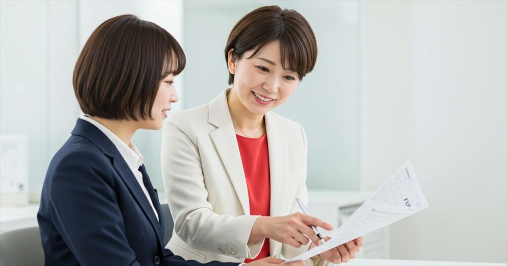 白いスーツと赤いインナーを着た女性が、若手の女性社員に書類を見せながら優しく説明している。オンボーディングの一環としての対話シーン。