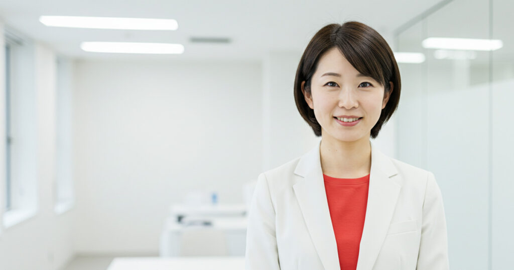 白いスーツと赤いインナーを着た女性が、明るいオフィスで前向きに微笑んでいる姿。アカウンタビリティを持ち、説明責任を果たすリーダー像を象徴。