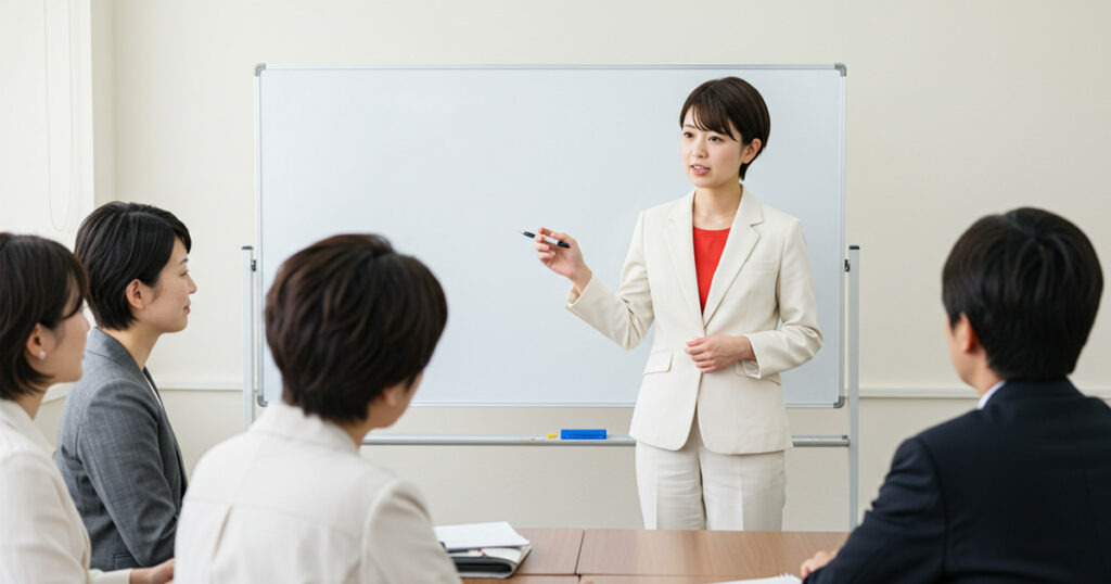 ホワイトボードの前で話す白いスーツと赤いインナーの女性。真剣に話を聞くチームメンバー。“信頼の欠如”をテーマに、L10ミーティングやIDSを用いた信頼構築を示す場面。