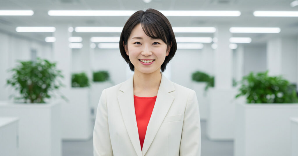 オフィスに立つ白スーツと赤インナーの女性リーダー。会社のビジョン実現を担う次世代リーダーの象徴
