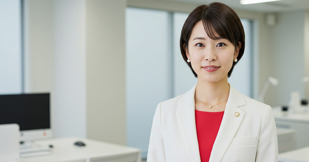 白いスーツと赤いインナーを着た日本人女性リーダーがオフィスで微笑んでいる様子。背景には整ったデスクとパソコンが並び、清潔感とプロフェッショナリズムが感じられる。EOSのリーダーシップ実践や女性リーダー育成を象徴するイメージ。