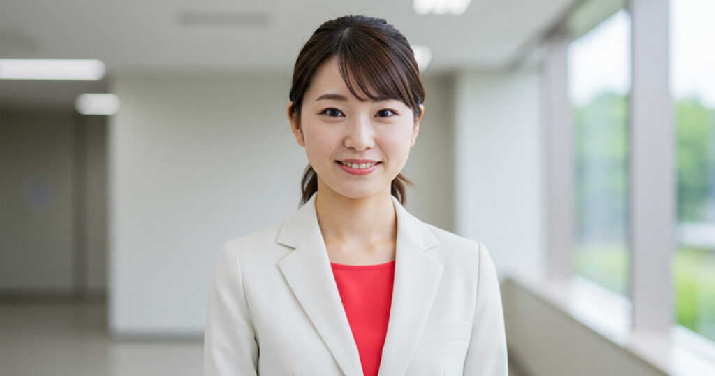 白いスーツと赤いインナーを着た日本人女性リーダーが、自然光の差し込む廊下で穏やかに微笑んでいる。共感力と多視点思考を感じさせる知的な印象。