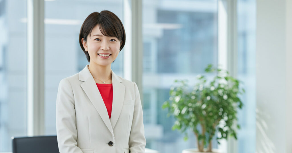 明るいオフィスで穏やかに立つ女性リーダー。組織の構造づくりに主体的に関わる姿を表現したイメージ