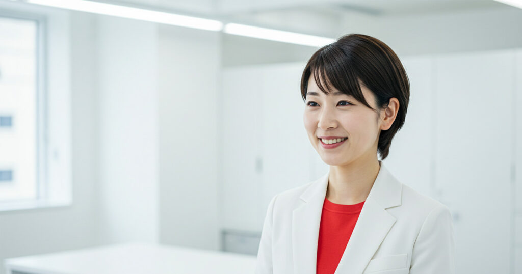 白いジャケットに赤いインナーを着た女性リーダーが笑顔で会議に臨む姿。部署間をつなぐ“交差する役割”を象徴するイメージ。