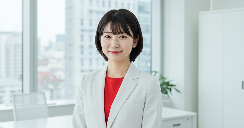 白いスーツと赤いインナーを着た女性が笑顔で前を向いて立っている。明るいオフィスの廊下にて撮影されたビジネスシーン。