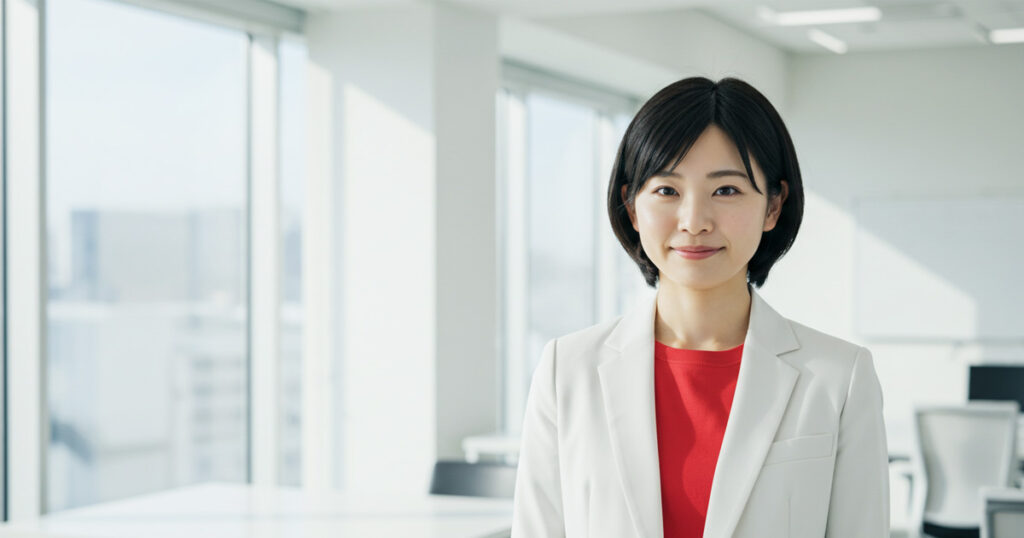白いスーツに赤いインナーを着た女性リーダーが、明るいオフィスで前を向いて立っている。